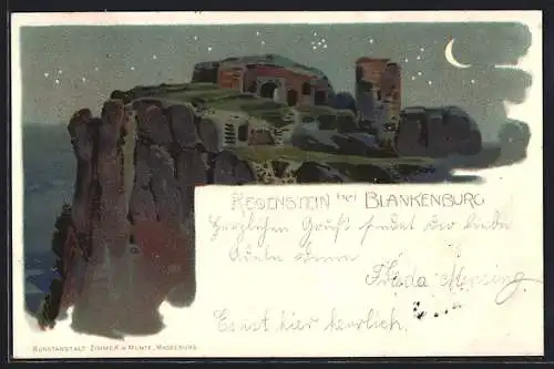 Mondschein-Lithographie Blankenburg / Harz, Ruine Regenstein