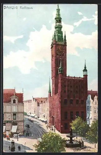 AK Danzig-Gdansk, Rathaus mit Brunnen und Strassenbahn