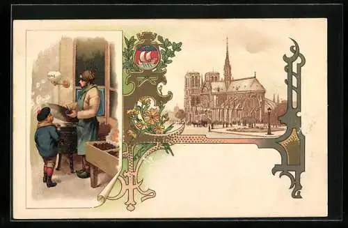 Lithographie Marchand de Marrons, mobiler Maronenverkäufer, Kirche und Wappen einer Stadt