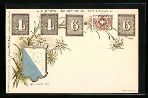 AK Schweiz, Ersten Briefmarken der Schweiz, Canton Zürich, Wappen