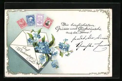 AK Verschiedene österr. Briefmarken, Briefumschlag mit Blumen gefüllt