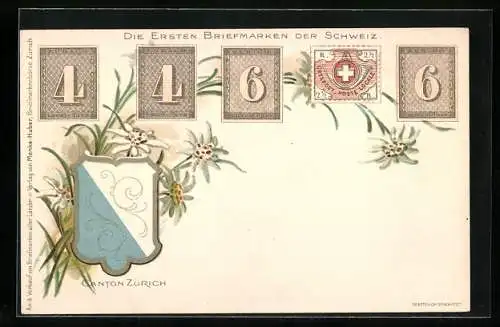 AK Schweiz, Ersten Briefmarken der Schweiz, Canton Zürich, Wappen