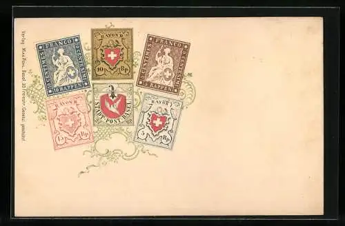 AK Briefmarken aus Frankreich, Rayon und Baseler Stadt-Post