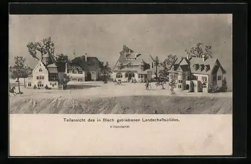 AK Modellbau, Teilansicht des in Blech getriebenen Landschaftsbildes, Villenviertel