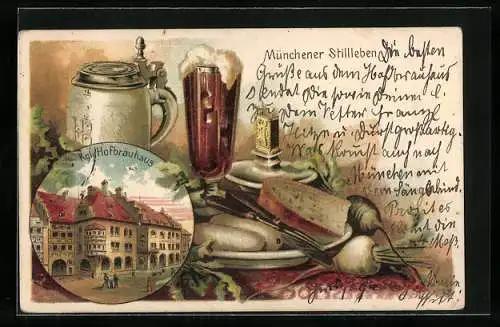 Lithographie München, Hofbräuhaus, Münchner Stillleben, Striechholzschachtel, Zündhölzer