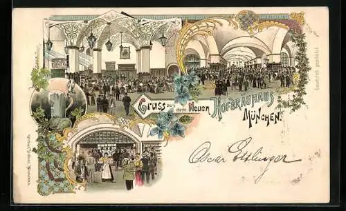 Lithographie Münchner Hofbräuhaus, Innenansichten mit grossem Saal und Bar, Kellnerin mit 8 Bierkrügen