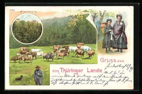 Lithographie Gruss aus dem Thüringer Lande, Inselsberg, Frauen in Trachtenkleidung, Rinderbauer auf der Weide