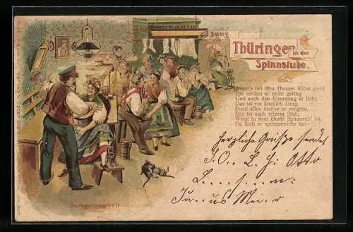 Lithographie Szene aus Spinnstube, Menschen in thüringischer Tracht