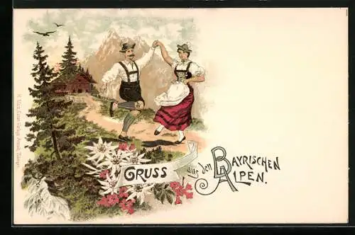 Lithographie Bergsteiger und eine Frau tranzen in den Bergen