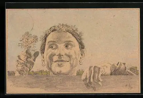 AK Leipzig, Margareten-Volksfest 1912, Frau mir Blumenkranz schaut über die Mauer