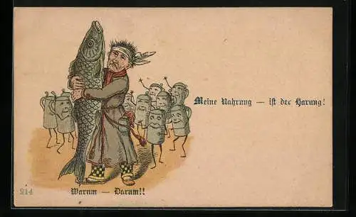 AK Warum - Darum!, Trinker mit grossem Fisch und laufenden Bierkrügen, früher Druck