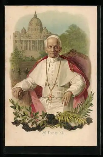 Lithographie Portrait Papst Leo XIII. vor dem Petersdom