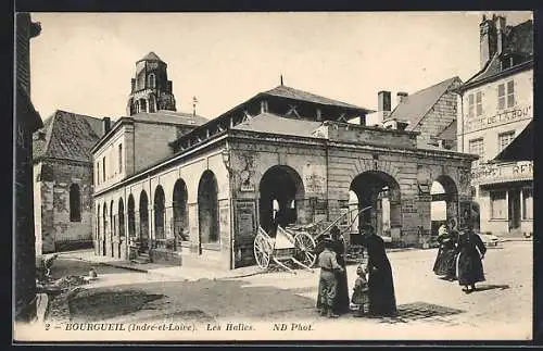 AK Bourgueil, Les Halles, Ortspartie mit Passanten