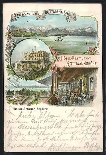 Lithographie Rottmannshöhe, Hotel-Restaurant Rottmannshöhe, Terrasse, Panorama