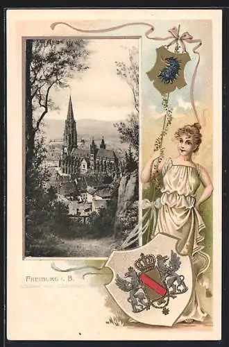 Passepartout-Lithographie Freiburg i. B., Münster vom Schlossberg aus, Frau mit Wappen