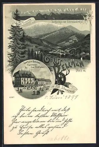 Lithographie Belchen im Bad. Schwarzwald, Belcher Gasthaus, Belchen mit Untermünsterthal, Alpen-Panorama