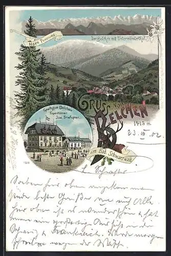 Lithographie Untermünstertal, Gasthaus Belchen, Ortsansicht gegen Belchen