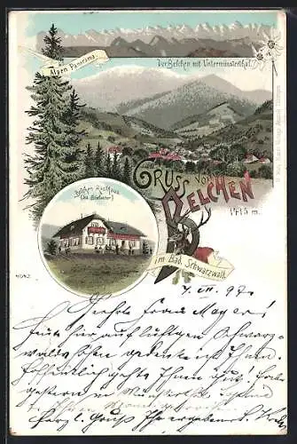 Lithographie Belchen im Bad. Schwarzwald, Belcher Gasthaus, Belchen mit Untermünsterthal, Alpen-Panorama