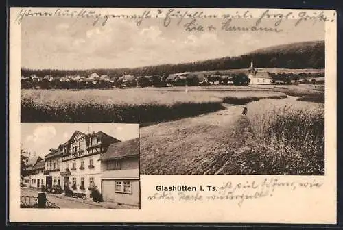 AK Glashütten i. Ts., Pension-Gasthaus zur Krone, Ortspartie mit Kirche