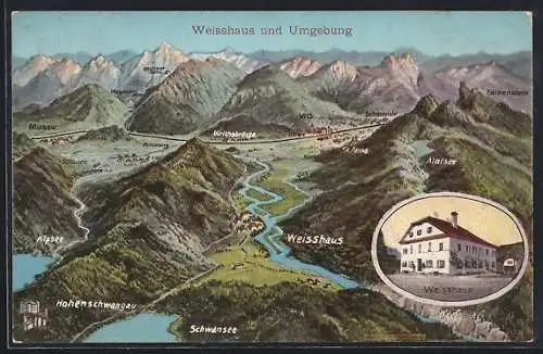 Künstler-AK Eugen Felle: Weisshaus, Gebäudeansicht, Ortsansicht mit Musau, Vils und Schwansee