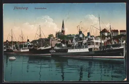 AK Flensburg, Innenhafen mit Dampfschiffen