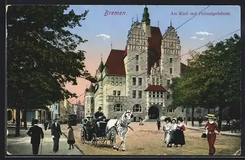 AK Bremen, Strasse am Wall mit Polizeigebäude und Strassenbahn