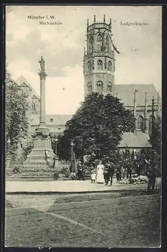 AK Münster i. W., Teilansicht mit Mariensäule und Ludgerikirche