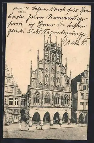 AK Münster i. W., Strassenpartie mit Geschäft und Rathaus