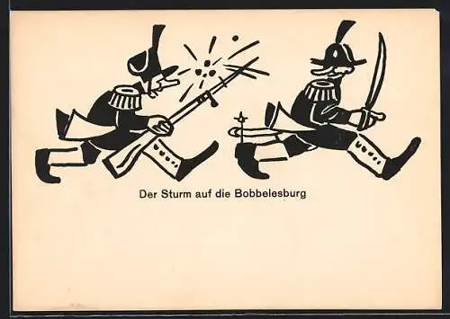 Künstler-AK Freiburg i. Br., Fasching, Grosse Karnevalsgesellschaft, Der Sturm auf die Bobbelesburg, rückseitig Narr