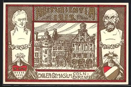 Künstler-AK Köln-Ehrenfeld, Schiller-Gymnasium, Abiturientia 1919, Schiller-Portrait, Wappen, Eule