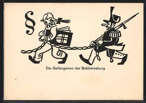 Künstler-AK Freiburg i. Br., Fasching, Grosse Karnevalsgesellschaft, Die Gefangenen der Bobbelesburg, rückseitig Narr