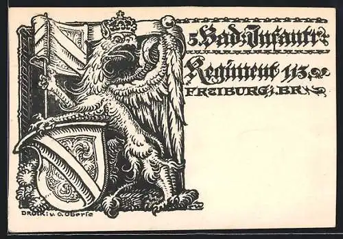 Künstler-AK Freiburg i. Br., 5. Bad. Infanterie-Regiment 113, Löwe mit Krone, Fahne, Wappen