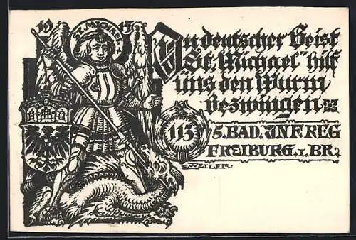 AK Freiburg i. Br., 5. Bad. Infanterie-Regiment 113, St. Michael hilf uns den Wurm zu bezwingen, Wappen