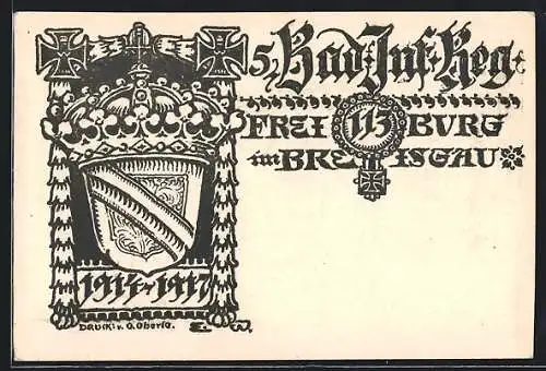 Künstler-AK Freiburg i. Br., 5. Bad. Infanterie-Regiment 113, Wappen mit Krone und Eisernen Kreuzen, 1914-1917