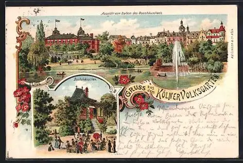 Lithographie Köln-Neustadt, Kölner Volksgarten, Bootshäuschen, Aussicht vom Balkon des Bootshäuschen auf einen Teich