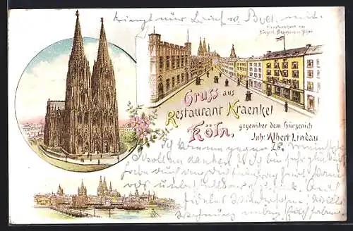 Lithographie Köln, Strassenansicht mit Restaurant Kraenkel, Rheinpanorama, Dom