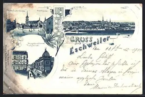 Lithographie Eschweiler, Neugrabenstrasse mit Post, Marktplatz mit Kirche, Ortsansicht