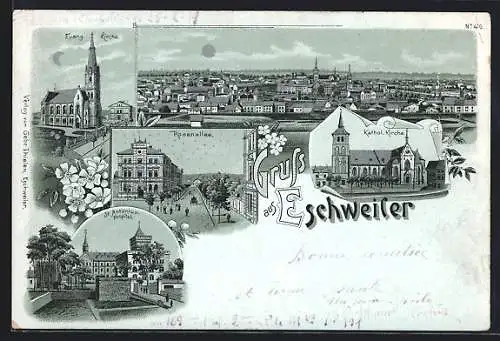 Mondschein-Lithographie Eschweiler, Rosenallee, St. Antonius-Hospital, Ortsansicht mit silbernem Mond