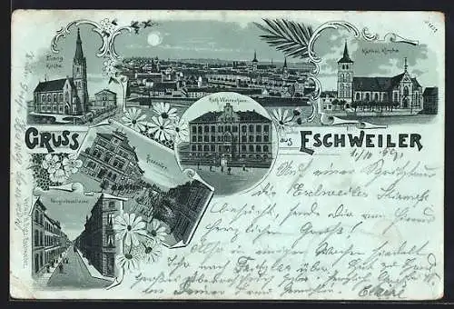 Mondschein-Lithographie Eschweiler, Kath. Waisenhaus, Neugrabenstrasse, Rosenallee, Teilansicht