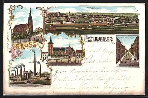 Lithographie Eschweiler, Evangelische Kirche, Katholische Kirche, Concordia, Kohlebergbau