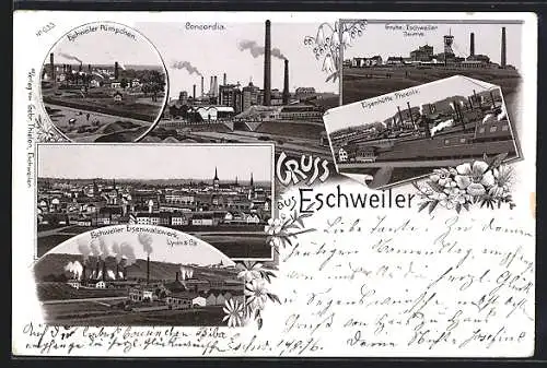 Lithographie Eschweiler, Zeche Concordia und Grube Eschweiler Reserve, Eisenwalzwerk, Eisenhütte Phoenix