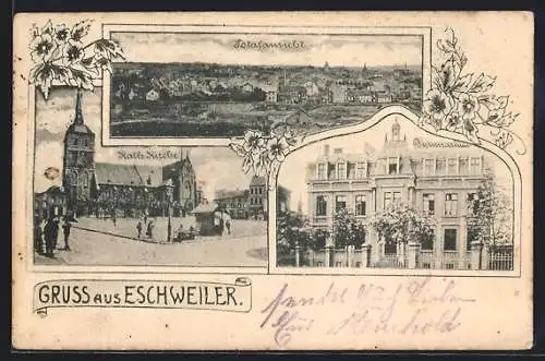 AK Eschweiler, Gymnasium, Kath. Kirche mit Kiosk, Totalansicht