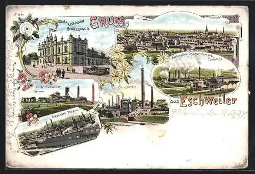 Lithographie Eschweiler, Hotel-Restaurant Schützenhalle, Grube Eschweiler, Concordia