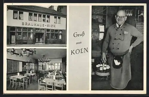 AK Köln, Gaststätte Brauhaus Simon, Unter Taschenmacher 5, Gebäude, Innenansicht, Köbes mit Kölsch-Tablett