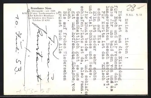 AK Köln, Gaststätte Brauhaus Simon, Unter Taschenmacher 5, Gebäude, Innenansicht, Köbes mit Kölsch-Tablett