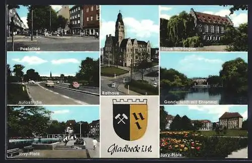 AK Gladbeck i. W., Postallee, Haus Wittringen, Jovy-Platz, Autostrasse