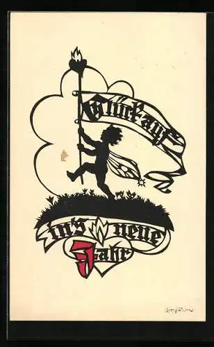 Künstler-AK Georg Plischke: Feenkind trägt Fahne mit Neujahrsgruss