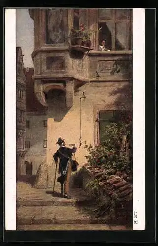 Künstler-AK Carl Spitzweg: Der Briefbote am Haus