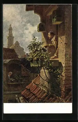 Künstler-AK Carl Spitzweg: Im Dachstübchen, Blumengiessen mit Blick zur Nachbarin