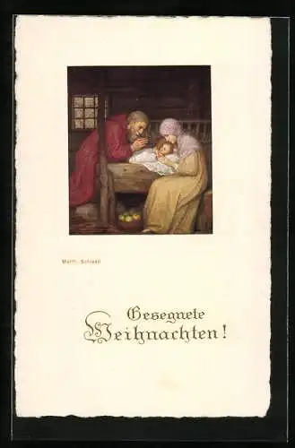 Künstler-AK Matthäus Schiestl: Maria und Josef mit Christkind, Weihnachtsgruss